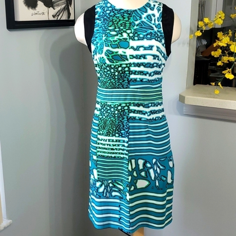 Eci dress, size 4. Side zipper Little black sheer cap sleeve Blue/green. Career